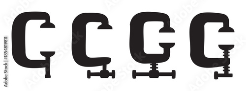 Four black C-clamps are displayed in a row, illustrating different designs of this versatile and essential woodworking and metalworking tool.