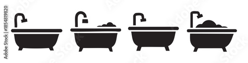 Bathtub icons collection featuring various styles of bathroom tubs with and without bubbles, representing hygiene and relaxation concepts.