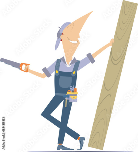 Happy construction worker with hacksaw and wood board
