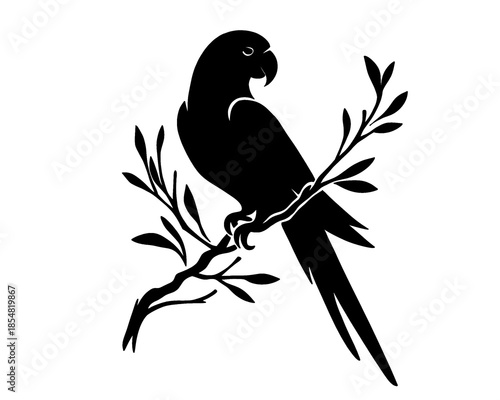 silhouette of a parrot perched on a tree branch, icon isolated on white background, style 2
