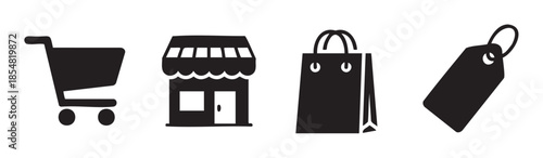 Shopping and retail related icons representing commerce, consumerism, and online sales are displayed in a clean, modern black silhouette style.