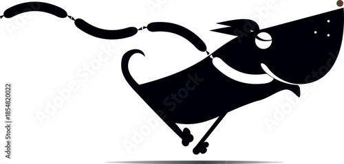 Lucky running dog holds sausages in the jaw