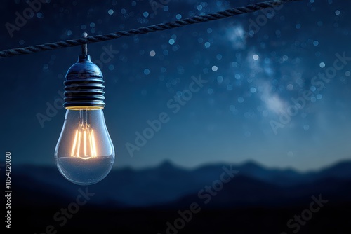 Illuminated Light Bulb Hanging on Twine with a Mountain Backdrop Under a Starry Sky