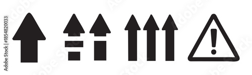 Shipping symbols and warning sign for package handling, indicating proper orientation and caution for fragile goods during transport and storage.