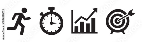 Business performance speed growth target achievement icons illustrate the essential elements for reaching objectives and improving results in a competitive environment.