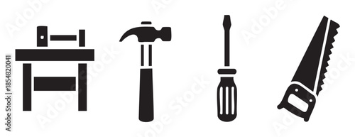 Workbench, hammer, screwdriver, and saw are iconic hand tools commonly used for building, repair, and woodworking projects, rendered as simple black silhouettes.
