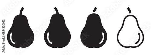 Four minimalist pear icons representing fruit and healthy eating, depicted in various black silhouette and outline styles for graphic design elements.