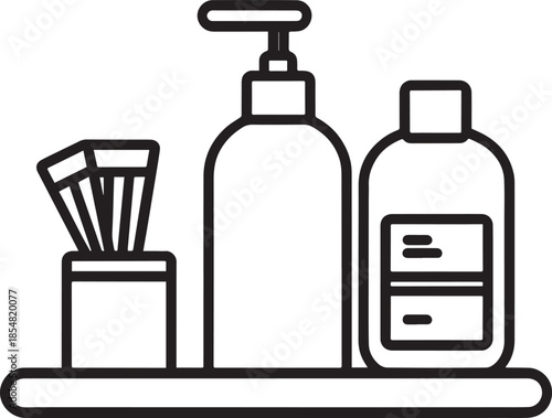 A simple black and white line art icon depicts personal care products on a shelf, including a pump bottle, a smaller bottle, and a brush holder.