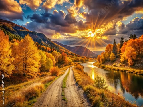 Golden Autumn Sunset Landscape: Majestic Fall Scenery, Premium Nature Photography