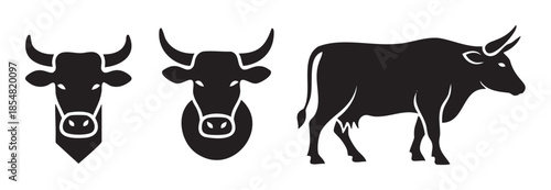 Cows cattle livestock animal silhouettes are depicted as a collection of iconic black vector illustrations ideal for branding and agricultural design projects.