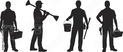 Construction worker silhouette, plumber vector illustration, painter sketch outline, handyman toolbox drawing, maintenance technician design, industrial labor icons, skilled trades graphic, cad