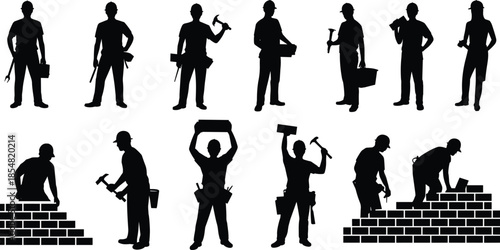 Construction worker silhouettes set, builders and bricklayers holding tools and bricks, black vector illustration collection for masonry, building trades and industrial labor projects