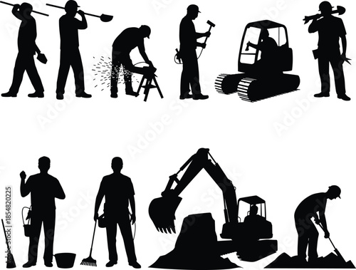Construction worker silhouettes operating heavy machinery and tools, builders, welders and excavators, black vector illustration set for industrial construction projects