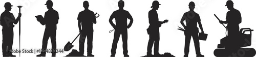 Construction worker silhouettes set, builders and engineers with tools and machinery, black vector illustration for industrial, labor, engineering and building concepts