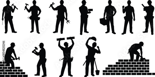 Construction worker silhouettes set, builders and bricklayers holding tools and bricks, black vector illustration for masonry, building industry, labor professions and work concepts