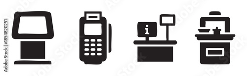 Retail equipment icons set featuring various payment terminals, self-service kiosks, and checkout counters for modern shopping experiences and customer service.