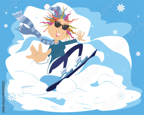 Winter sport. Young woman a snowboarder