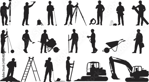 Construction worker silhouettes set, builders engineers and surveyors with tools and heavy machinery, black vector illustration collection for industrial work and building projects