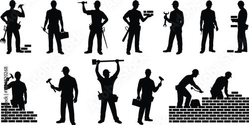 Construction worker silhouettes set, builders bricklayers and craftsmen with tools and bricks, black vector illustration collection for masonry, building trades and industrial labor concepts