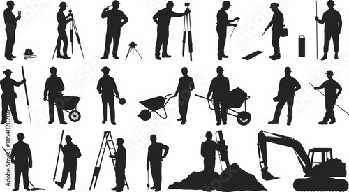 Construction worker silhouettes set, builders engineers surveyors with tools and machinery, black vector illustration collection for industrial labor and building projects