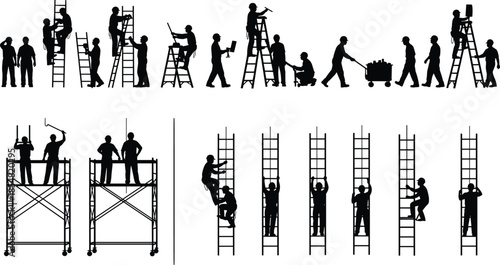 Construction worker silhouettes set, ladder climbing and scaffolding actions, teamwork and maintenance activities, industrial safety procedures, working at height, black flat vector illustration
