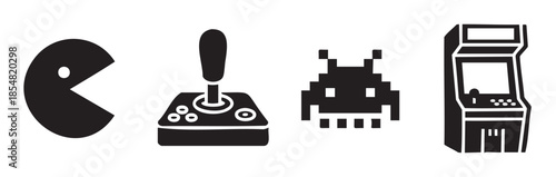 Retro video game icons and elements showcase classic arcade gaming culture with a character, joystick, pixelated alien, and arcade cabinet.
