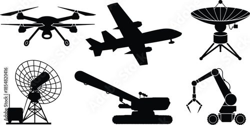 Drone silhouette, airplane vector, satellite dish illustration, radar tower sketch, military vehicle outline, robotic arm drawing, technology icons, defense equipment, cad drawing flat 