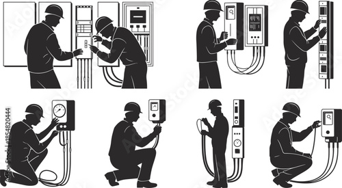 Electrician silhouette, electrical worker vector, wiring panel illustration, circuit breaker sketch, maintenance technician drawing, safety gear outline, industrial electricity