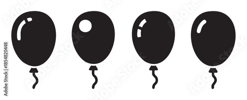 Four black party balloons vector graphic icons set featuring different highlight styles, perfect for festive designs, events, and joyous occasions.