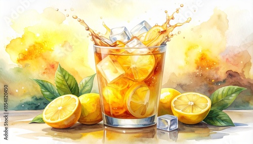 Vibrant watercolor illustration of a refreshing iced lemon tea with lemon slices and ice cubes, capturing a dynamic splash and sunny backdrop