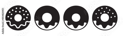 Four delicious sweet glazed donuts with sprinkles and frosting are arranged in a row, showcasing a variety of dessert treats in a simple graphic illustration.