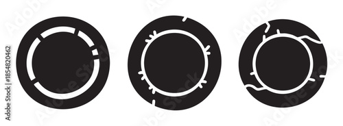 Abstract circular icons with various graphic designs including segmented arcs, stylized rays, and wavy lines, presented in a minimalist black and white style.