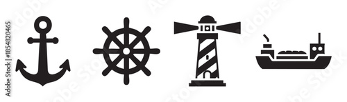 Anchor, ship wheel, lighthouse, cargo ship vector icons illustrate maritime themes and navigation, perfect for travel and ocean-related designs.
