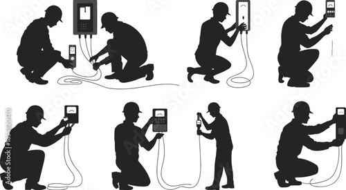 Electrician silhouette, electrical worker vector, wiring panel sketch, circuit breaker drawing, maintenance technician outline, safety gear illustration, industrial electricity icons, construction 