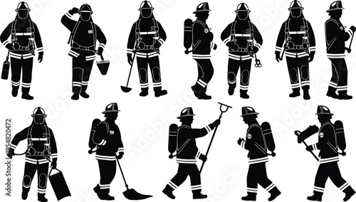 Firefighter silhouette, emergency worker vector, fire equipment sketch, rescue team drawing, protective gear outline, fire hose illustration, safety icons design, emergency response graphic