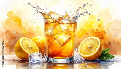 Vibrant watercolor splash of iced lemon tea with citrus fruits, ice cubes, and mint leaves