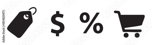 Price tag, dollar sign, percentage symbol, and shopping cart icons represent various aspects of retail, commerce, and online purchasing.