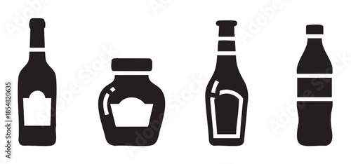 Various condiment and beverage bottles and jars collection in a simple black silhouette style, perfect for graphic design elements and icons.