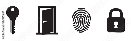 Key, door, fingerprint, and padlock icons illustrate essential concepts of security, access, privacy, and identification in a simple, graphic style.
