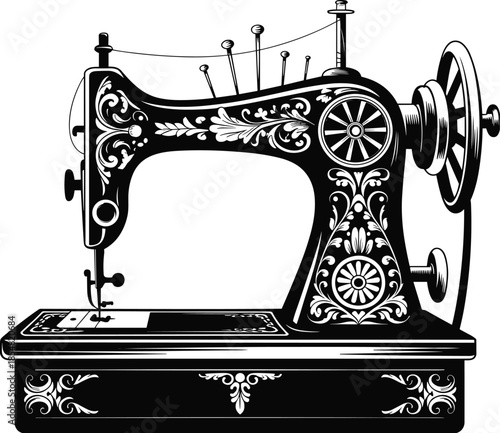 Ornate vintage sewing machine silhouette illustration, classic retro tailoring equipment with floral engraving, handmade craft tool icon, black vector for fashion textile design