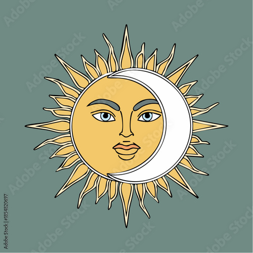 Illustration of a sun with a human face partially covered by a crescent moon, set against a muted green background.