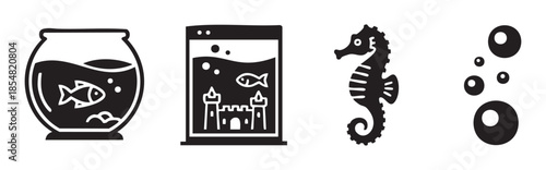 Fishbowl, aquarium, seahorse, and bubbles are simple graphic icons illustrating various aspects of aquatic and marine life in a clean, minimalist style.