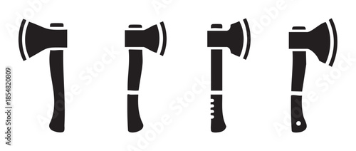 Four different ax icons showcasing various handle designs for chopping, cutting, and woodworking tasks, representing tools and outdoor activities.
