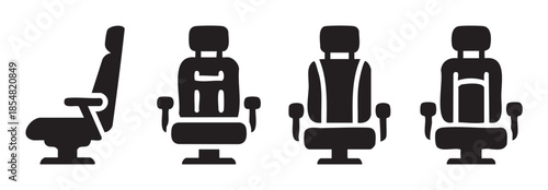 Passenger seats vector icons set representing various travel chair designs for airplane, bus, train, or car transportation comfort.