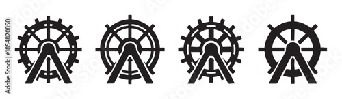Four stylized Ferris wheel amusement park ride icons are presented in a simple black and white graphic illustration, suitable for various design applications.