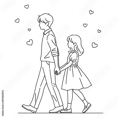 A man and a little girl walking hand in hand with hearts around them