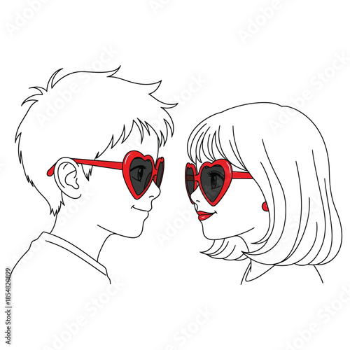 Couple wearing heart shaped sunglasses isolated on