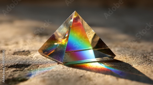 Prism Refracting Light Spectrum on Sandy Surface Creates Rainbow Hues in Direct Sunlight with Sharp Shadows and Colorful Light Dispersion