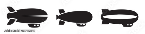 Three stylized blimps in various designs are presented as simple black vector icons, perfect for illustrating concepts of air travel, transportation, and exploration.