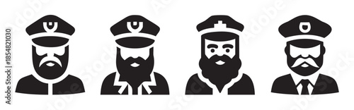 Four bearded men in uniform icons represent various professional roles and authority figures in a simple black and white graphic style.
